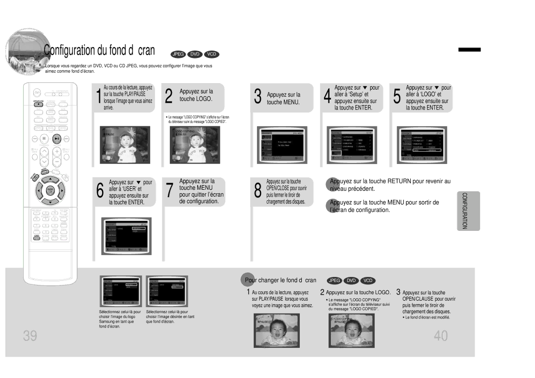 Samsung HTDB1350RH/ELS manual Pour changer le fond d’écran Jpeg DVD VCD, Appuyez ensuite sur La touche Enter 