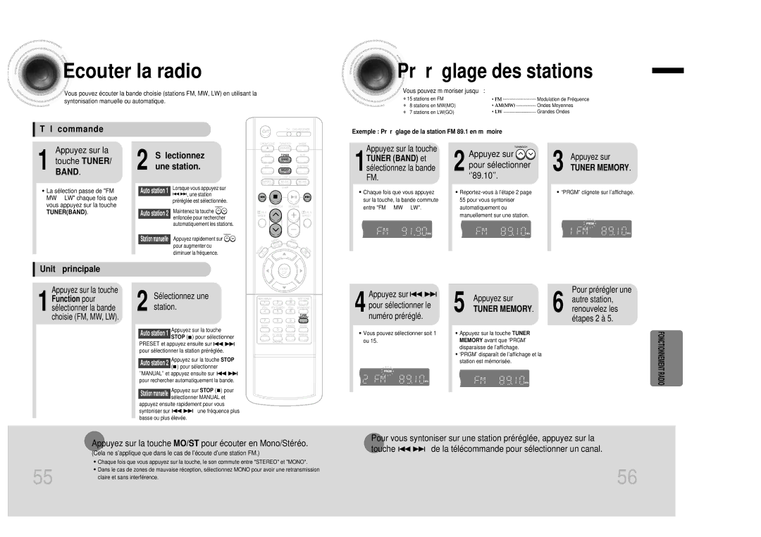 Samsung HTDB1350RH/ELS manual Ecouter la radio, Pré ré glage des stations, Fonctionnement Radio 