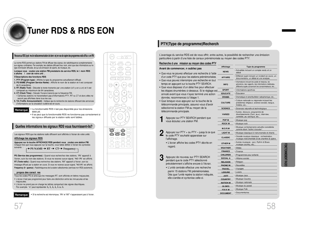 Samsung HTDB1350RH/ELS manual Tuner RDS & RDS EON, PTYType de programmeRecherch, Avant de commencer, n’oubliez pas… 