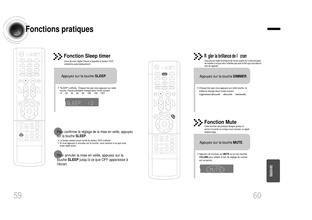 Samsung HTDB1350RH/ELS manual Fonctions pratiques, Appuyez sur la touche Sleep, Appuyez sur la touche Dimmer 