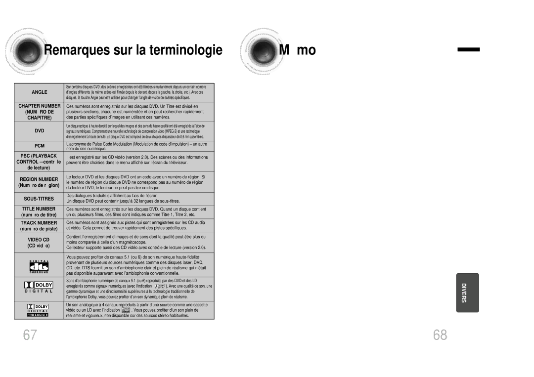 Samsung HTDB1350RH/ELS manual Remarques sur la terminologie 