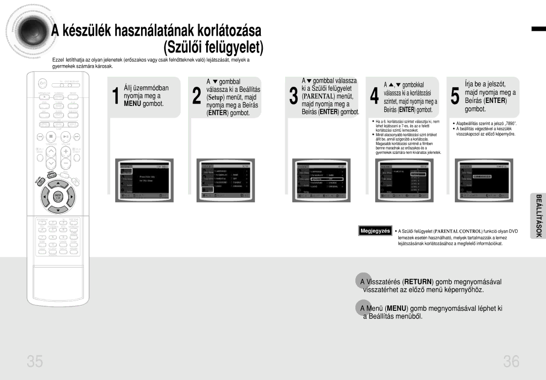 Samsung HTDB1350RH/ELS manual Írja be a jelszót, Menü Menu gomb megnyomásával léphet ki a Beállítás menübôl 