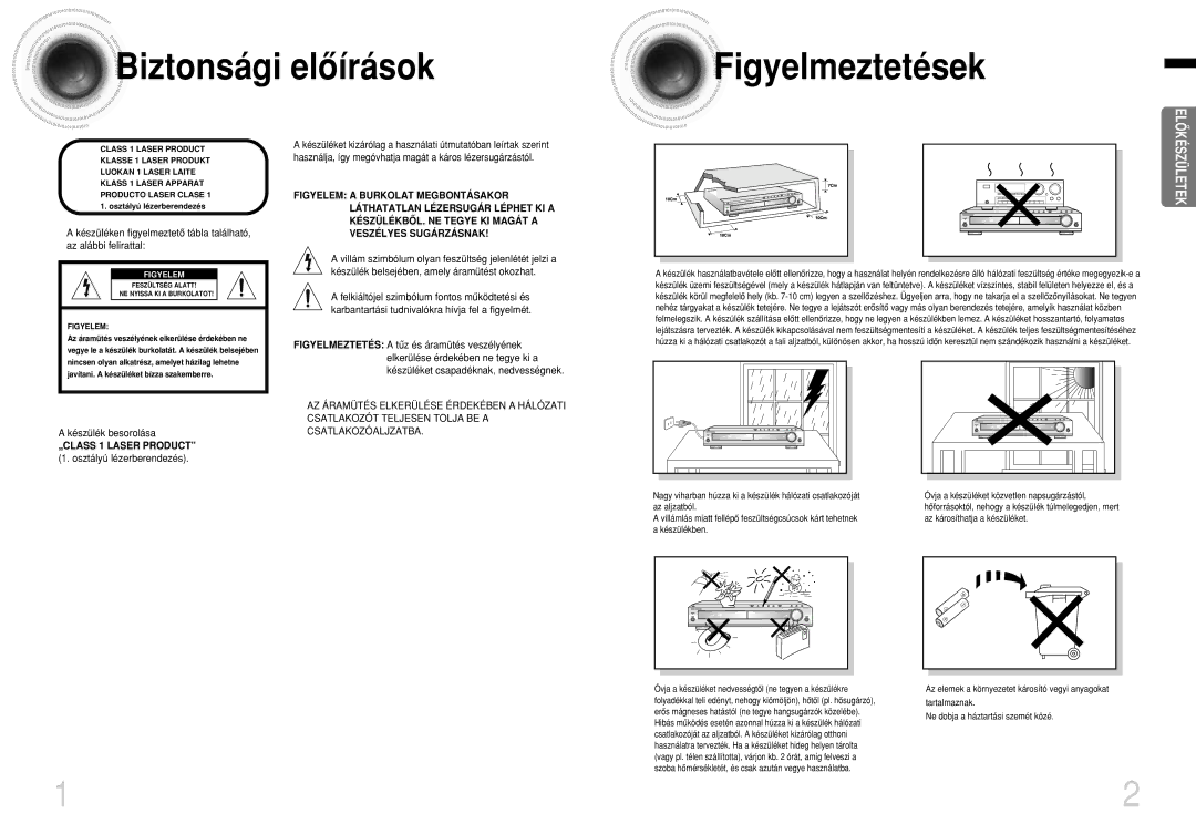 Samsung HTDB1350RH/ELS manual Biztonsági elôírások Figyelmeztetések, Készülék besorolása, Osztályú lézerberendezés 