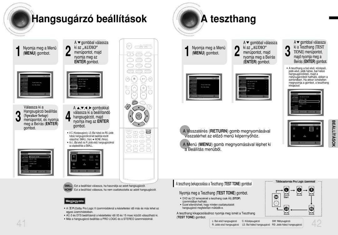 Samsung HTDB1350RH/ELS manual Hangsugárzó beállítások Teszthang, Gombbal válassza, Válassza ki a, Menüpontot, majd 