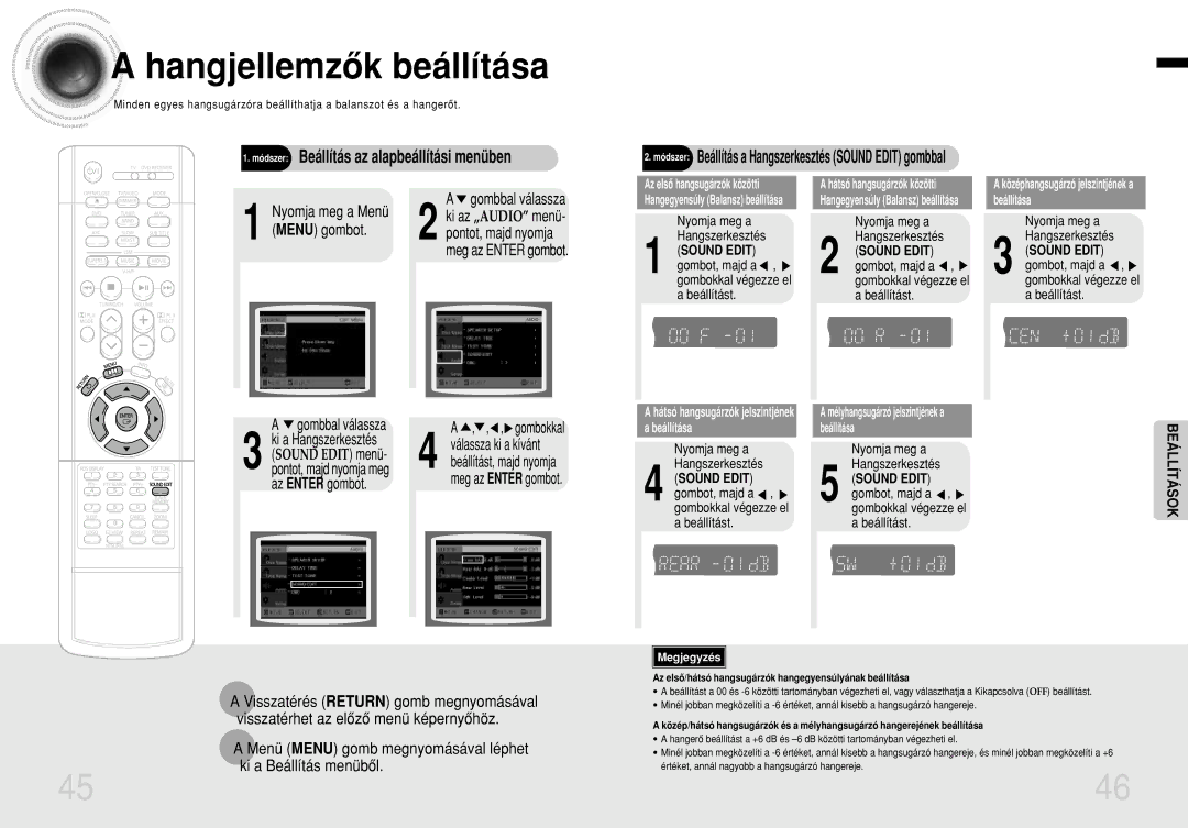 Samsung HTDB1350RH/ELS manual Hangjellemzôk beállítása, Meg az Enter gombot, Nyomja meg a Menü, Gombbal válassza Gombokkal 