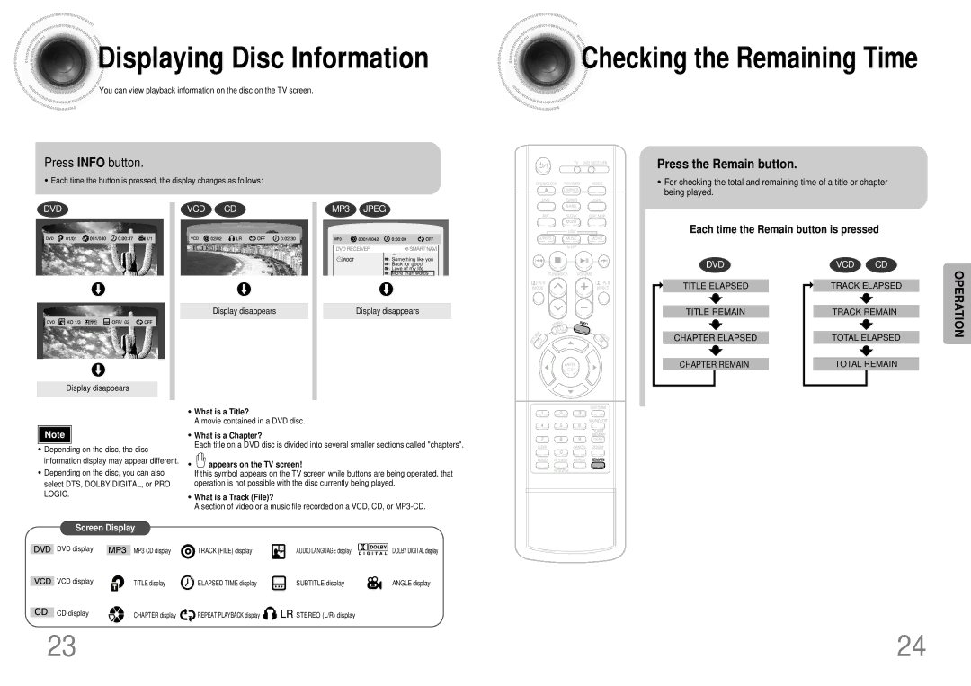 Samsung HTDB1680TH/XSV manual Displaying Disc Information, Press Info button, Press the Remain button 