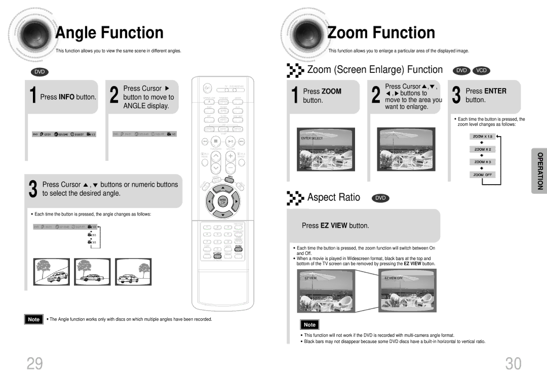 Samsung HTDB1680TH/XSV manual Angle Function, Zoom Function 