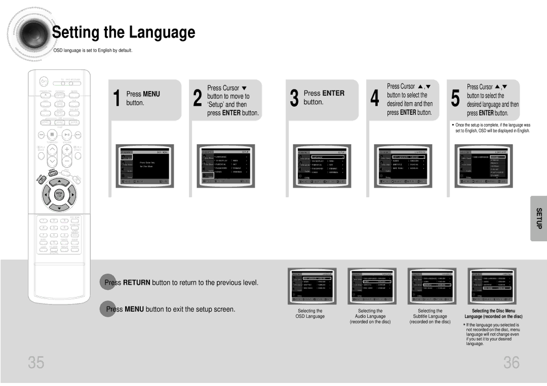 Samsung HTDB1680TH/XSV manual Setting the Language, Press Menu, Press Cursor Button to select 