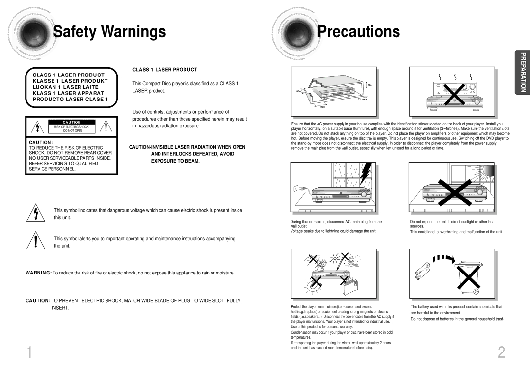 Samsung HTDB1680TH/XSV manual Safety Warnings Precautions, Class 1 Laser Product 