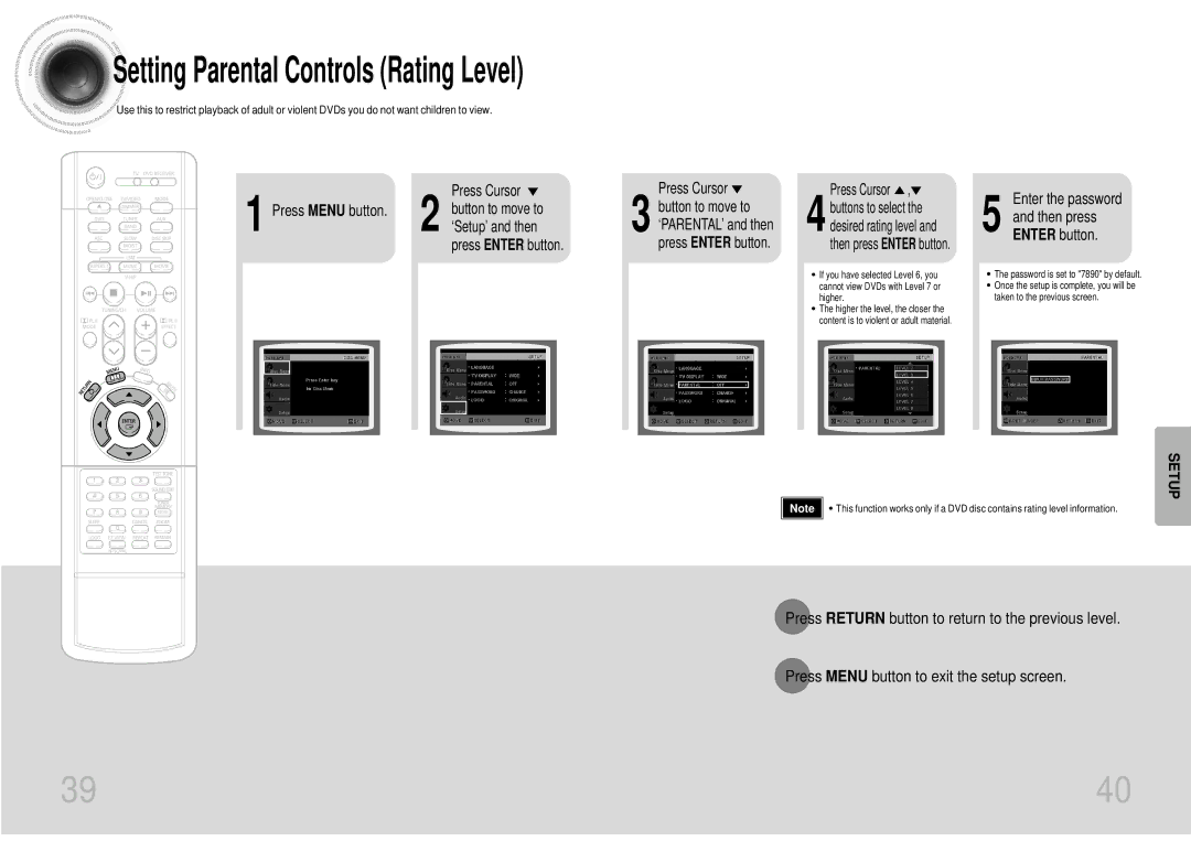 Samsung HTDB1680TH/XSV manual Setting Parental Controls Rating Level, Enter the password Then press Enter button 