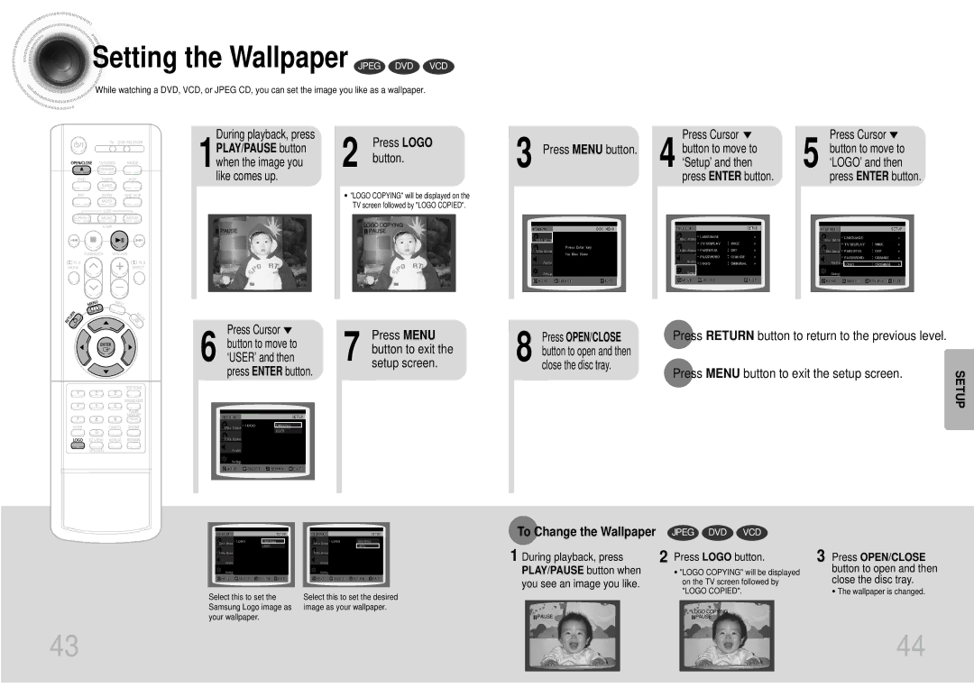 Samsung HTDB1680TH/XSV manual Setting the Wallpaper Jpeg DVD VCD, Press Return button to return to the previous level 