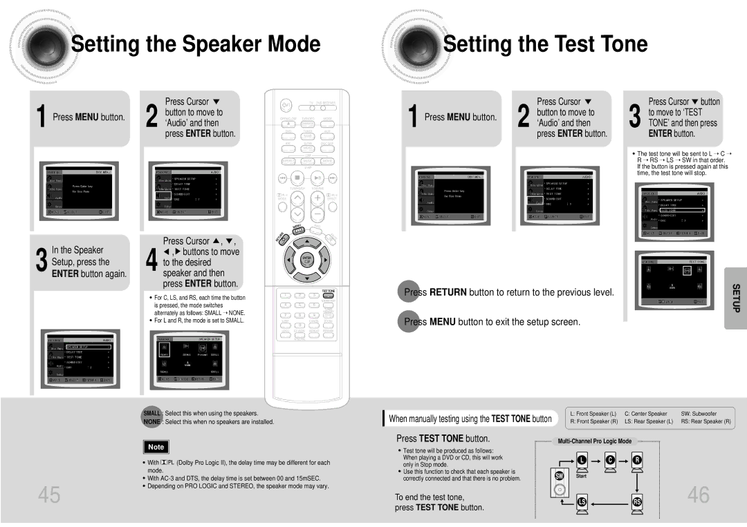 Samsung HTDB1680TH/XSV manual Setting the Speaker Mode Setting the Test Tone, Press Cursor Press Menu button 