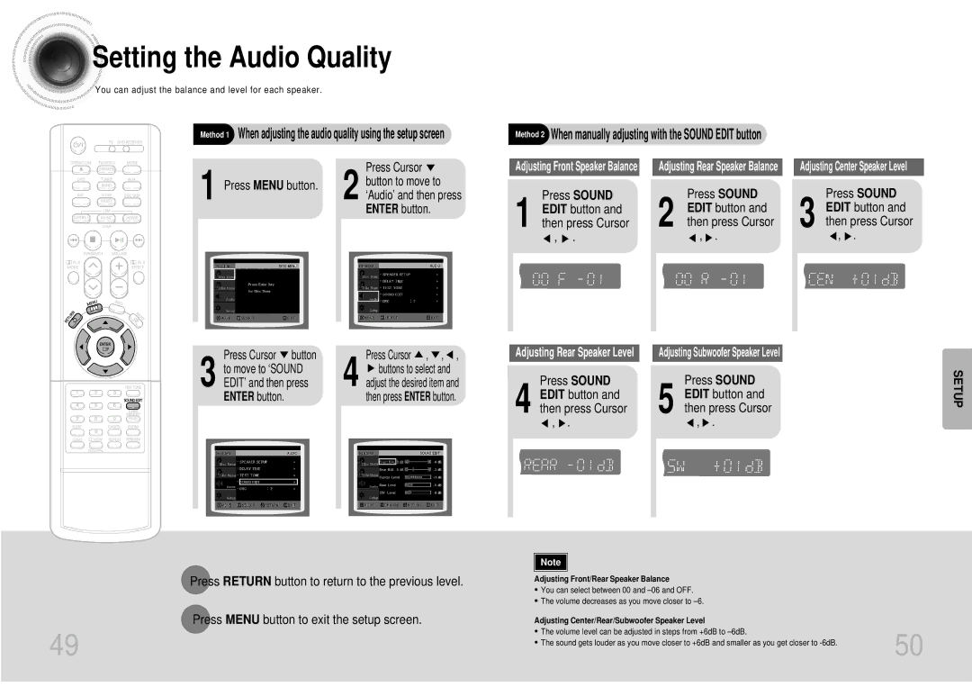 Samsung HTDB1680TH/XSV manual Setting the Audio Quality, Press Sound Edit button and then press Cursor, To move to ‘SOUND 