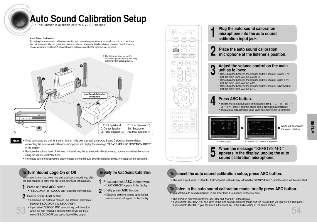 Samsung HTDB1680TH/XSV Auto Sound Calibration Setup, Press ASC button, This function is available only for DVD/CD playback 