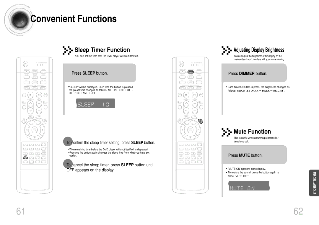 Samsung HTDB1680TH/XSV manual Convenient Functions, Adjusting Display Brightness 