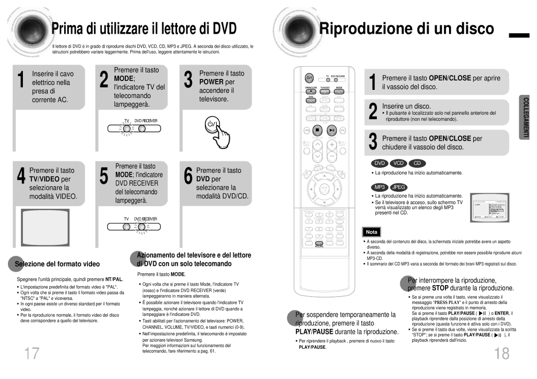 Samsung HTDB1750RH/EDC manual Riproduzione di un disco, Prima di utilizzare il lettore di DVD, Mode 