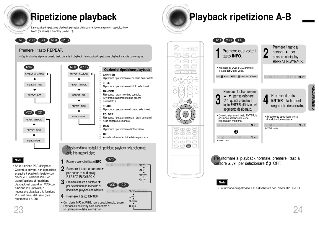 Samsung HTDB1750RH/EDC manual Ripetizione playback, Playback ripetizione A-B, Premere il tasto Repeat 