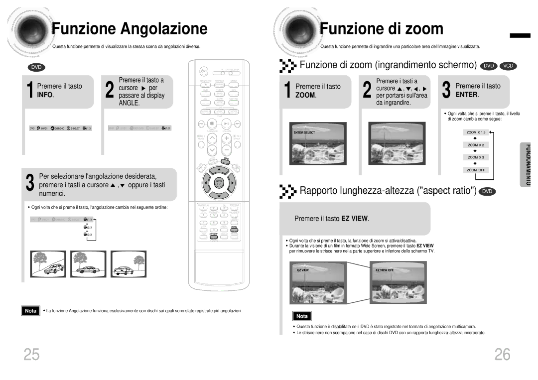 Samsung HTDB1750RH/EDC manual Funzione Angolazione, Funzione di zoom, Zoom, Enter, Premere il tasto EZ View 