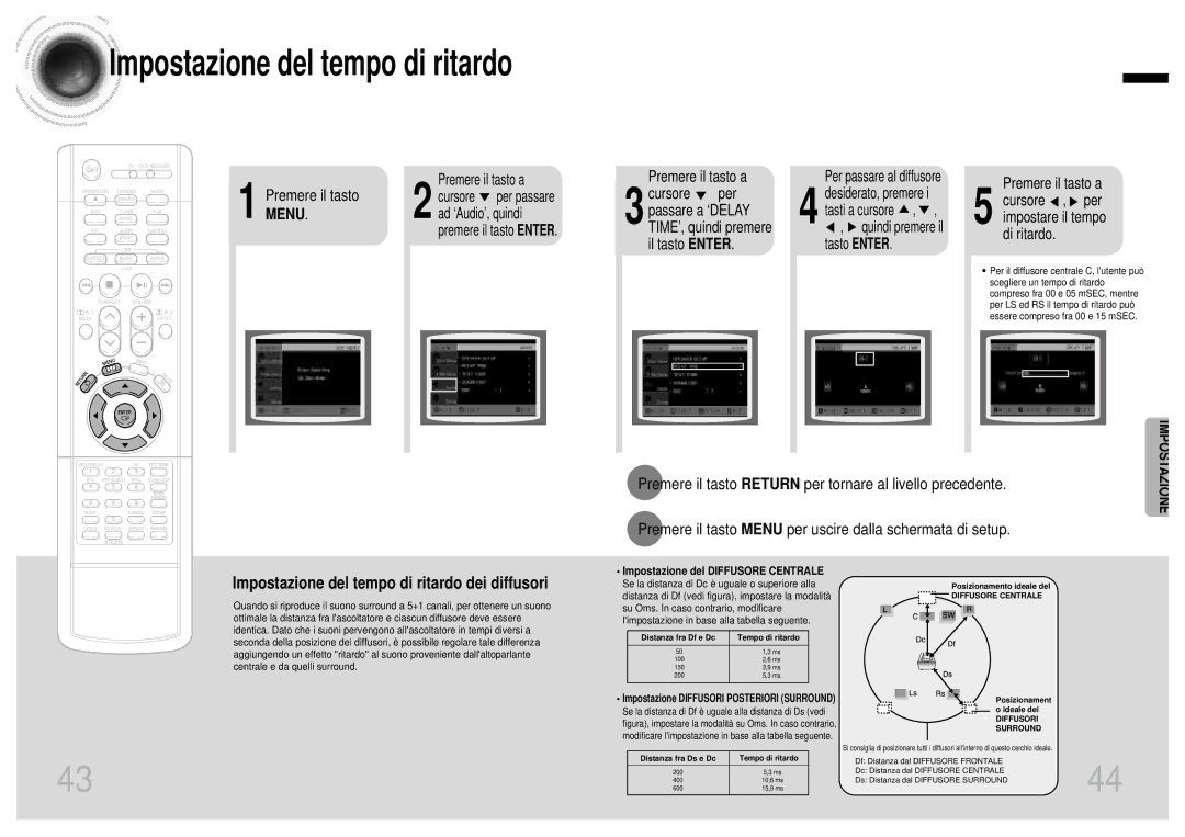 Samsung HTDB1750RH/EDC manual Impostazione del tempo di ritardo, Menu, Ad ‘Audio’, quindi, Premere il tasto Enter 