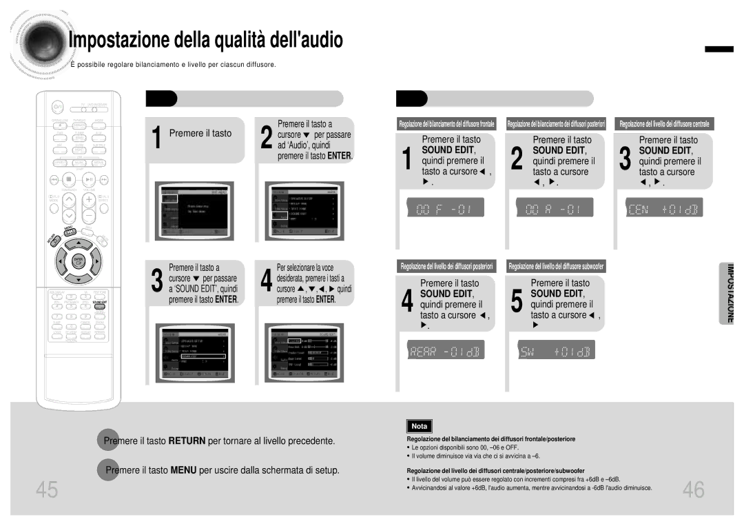 Samsung HTDB1750RH/EDC manual Impostazione della qualità dellaudio, Sound Edit, Quindi premere il tasto a cursore 