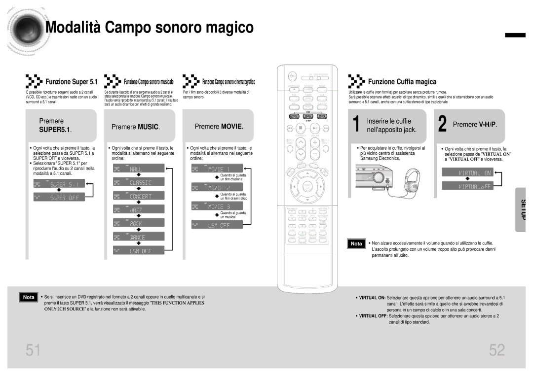 Samsung HTDB1750RH/EDC manual Modalità Campo sonoro magico, Funzione Cuffia magica, SUPER5.1 