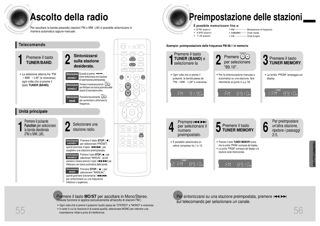 Samsung HTDB1750RH/EDC manual Ascolto della radio, Tuner/Band, Tuner Memory 