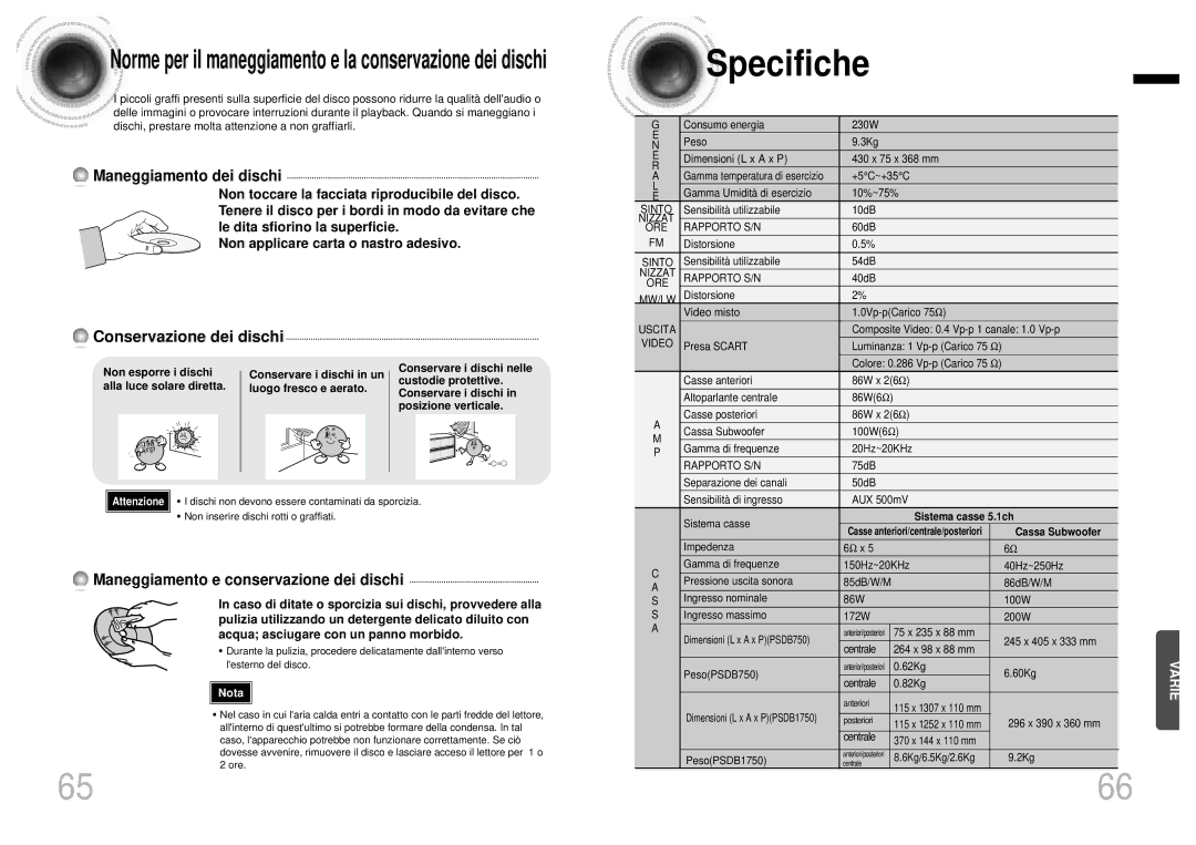 Samsung HTDB1750RH/EDC manual Specifiche, Non esporre i dischi, Alla luce solare diretta Luogo fresco e aerato 