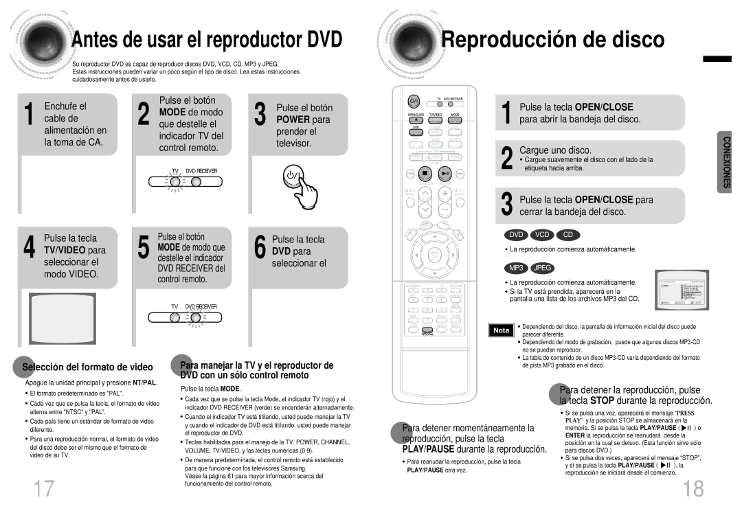 Samsung HTDB1750RH/EDC manual Reproducció n de disco, Power para, TV/VIDEO para seleccionar el modo Video 