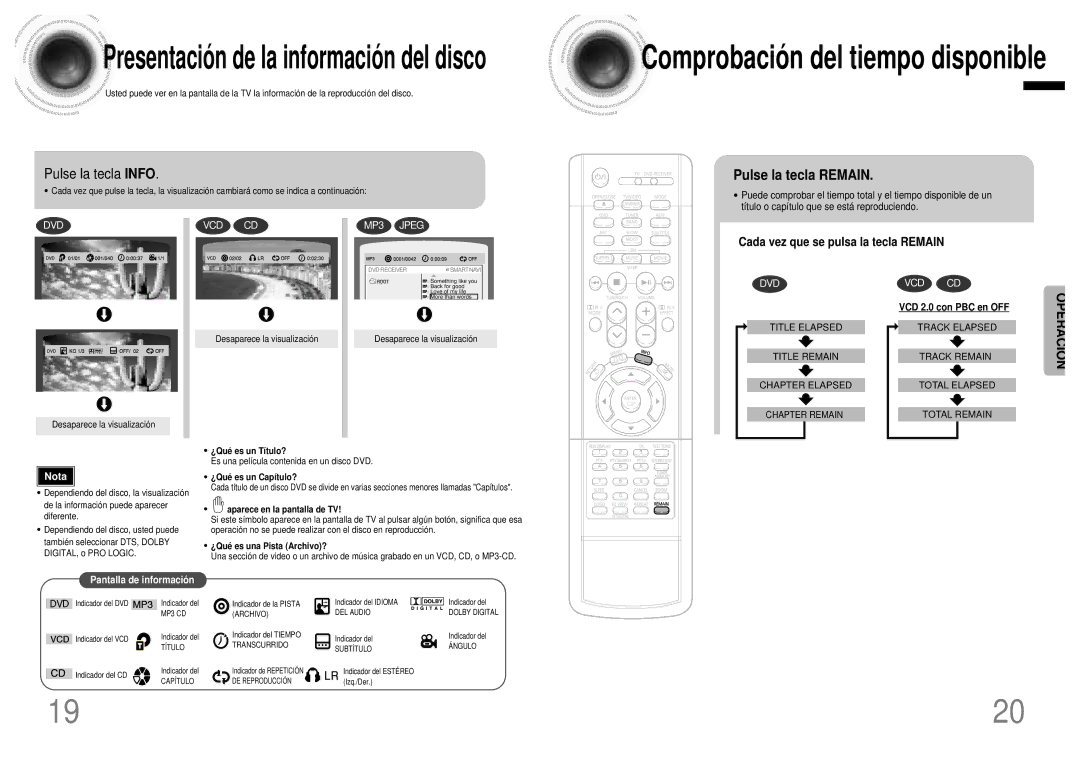 Samsung HTDB1750RH/EDC manual Operació N, Pulse la tecla Info, Pulse la tecla Remain, Cada vez que se pulsa la tecla Remain 