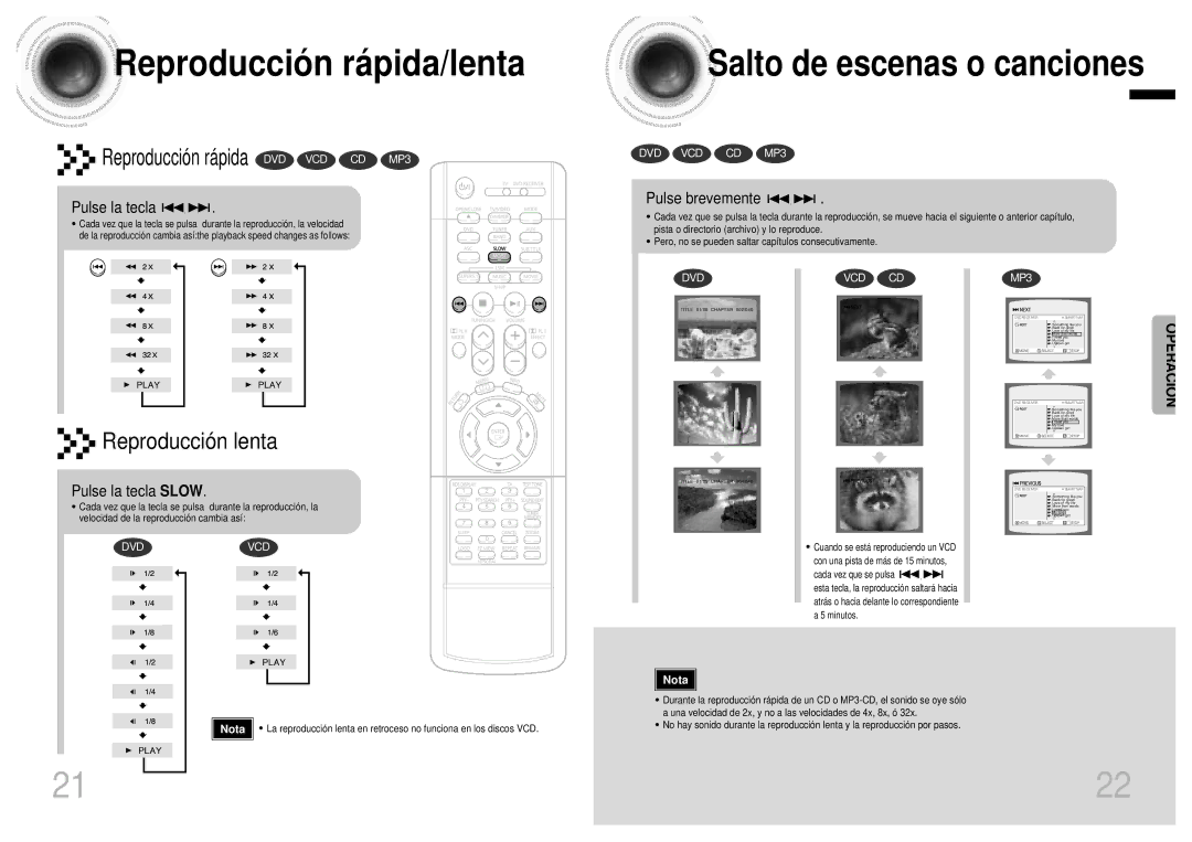 Samsung HTDB1750RH/EDC Reproducció n rá pida/lenta, Salto de escenas o canciones, Pulse brevemente, Pulse la tecla Slow 