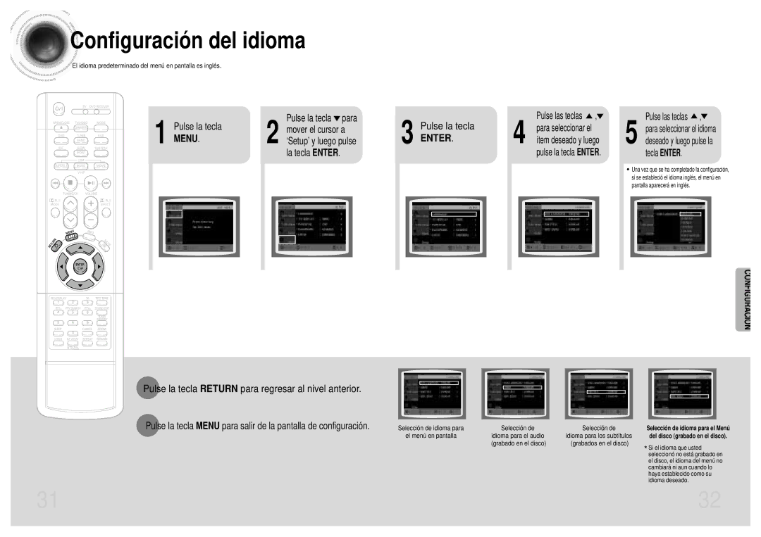 Samsung HTDB1750RH/EDC manual Configuración del idioma, Pulse la tecla Return para regresar al nivel anterior, Menu 