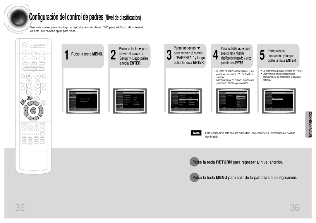 Samsung HTDB1750RH/EDC manual Pulse las teclas, Para mover el cursor, ‘PARENTAL’ y luego, Introduzca la, Contraseña y luego 