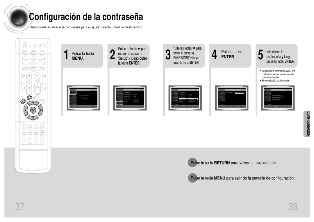 Samsung HTDB1750RH/EDC manual Pulse las teclas para, Introduzca la contraseña y luego pulse la tecla Enter 