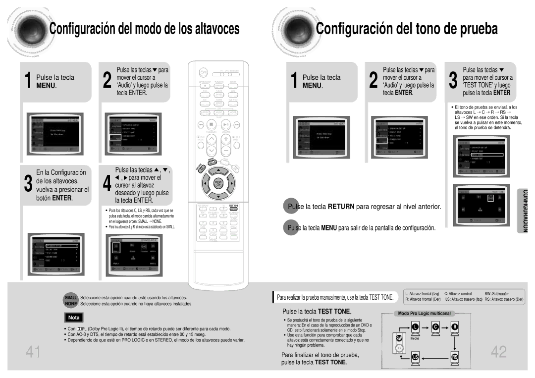 Samsung HTDB1750RH/EDC manual En la Configuración, Para finalizar el tono de prueba, Pulse la tecla Test Tone, Tecla Enter 