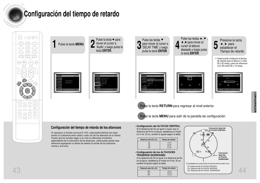 Samsung HTDB1750RH/EDC manual Presione la tecla Para establecer el Tiempo de retardo, ‘Audio’ y luego pulse la, Tecla Enter 