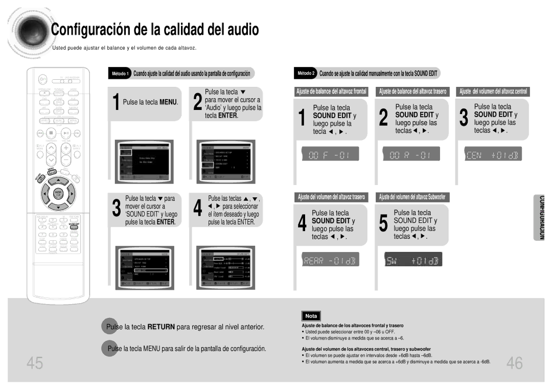 Samsung HTDB1750RH/EDC Sound Edit y luego pulse la tecla, Sound Edit y luego pulse las teclas, Para mover el cursor a 