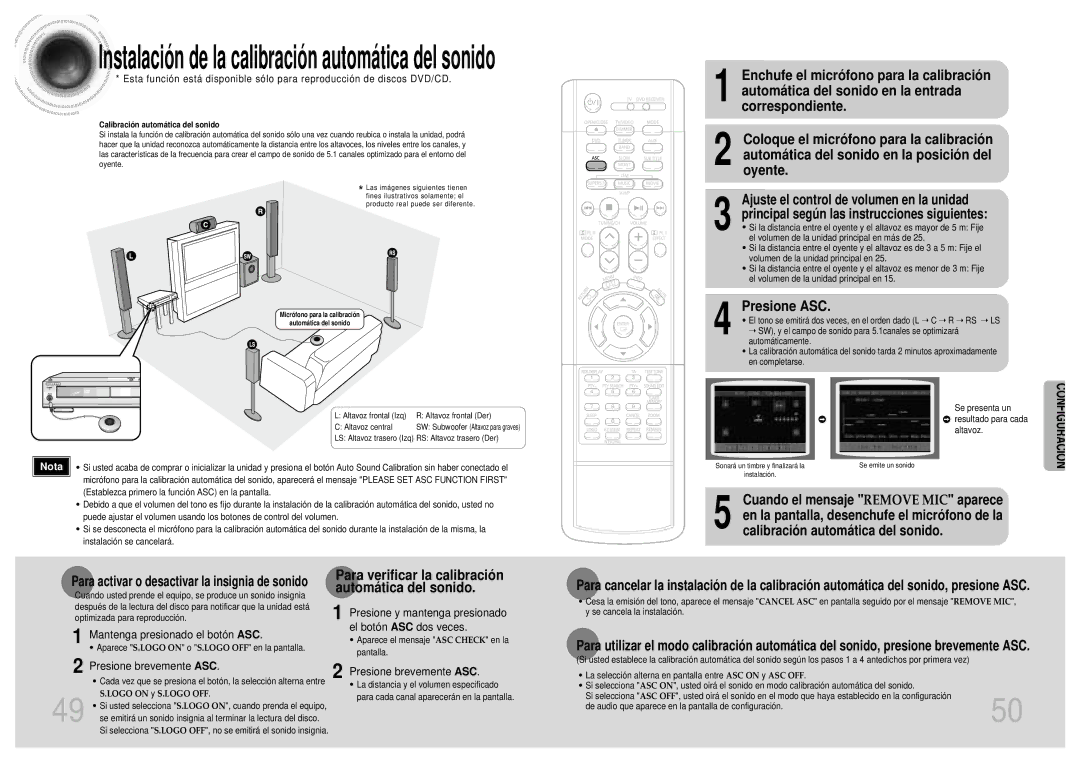 Samsung HTDB1750RH/EDC manual Configuració N, Presione ASC, Para verificar la calibració n automá tica del sonido 