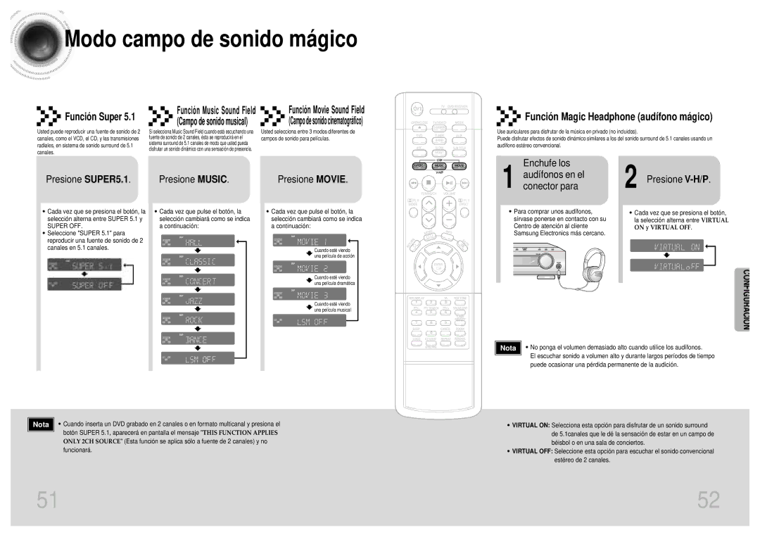 Samsung HTDB1750RH/EDC manual Modo campo de sonido má gico, Funció n Magic Headphone audífono má gico, Presione SUPER5.1 