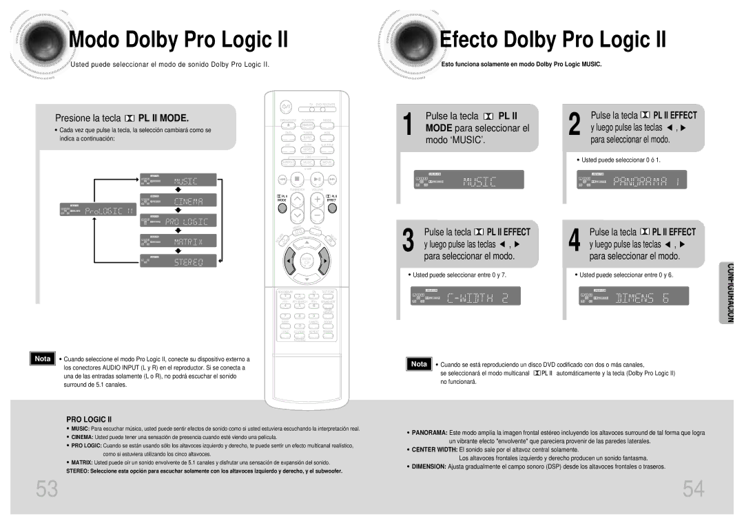 Samsung HTDB1750RH/EDC manual Modo Dolby Pro Logic, Efecto Dolby Pro Logic, Presione la tecla PL II Mode 