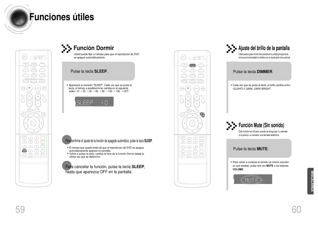 Samsung HTDB1750RH/EDC manual Funciones ú tiles, Ajuste del brillo de la pantalla, Funció n Mute Sin sonido 