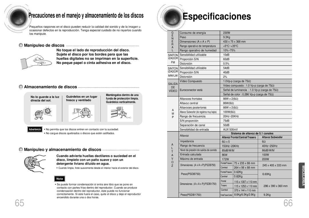 Samsung HTDB1750RH/EDC Especificaciones, No lo guarde a la luz Guá rdelos en un lugar, Directa del sol Fresco y ventilado 