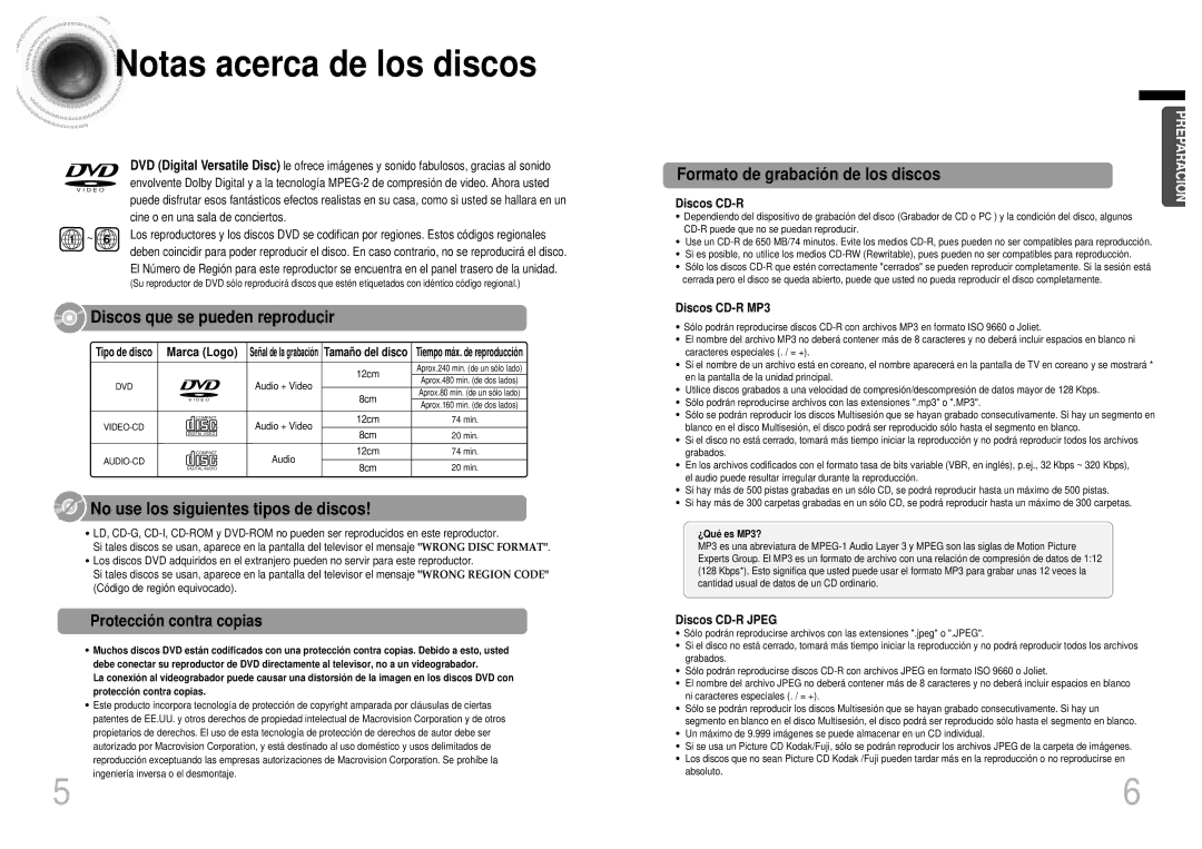 Samsung HTDB1750RH/EDC manual Notas acerca de los discos, Protecció n contra copias 