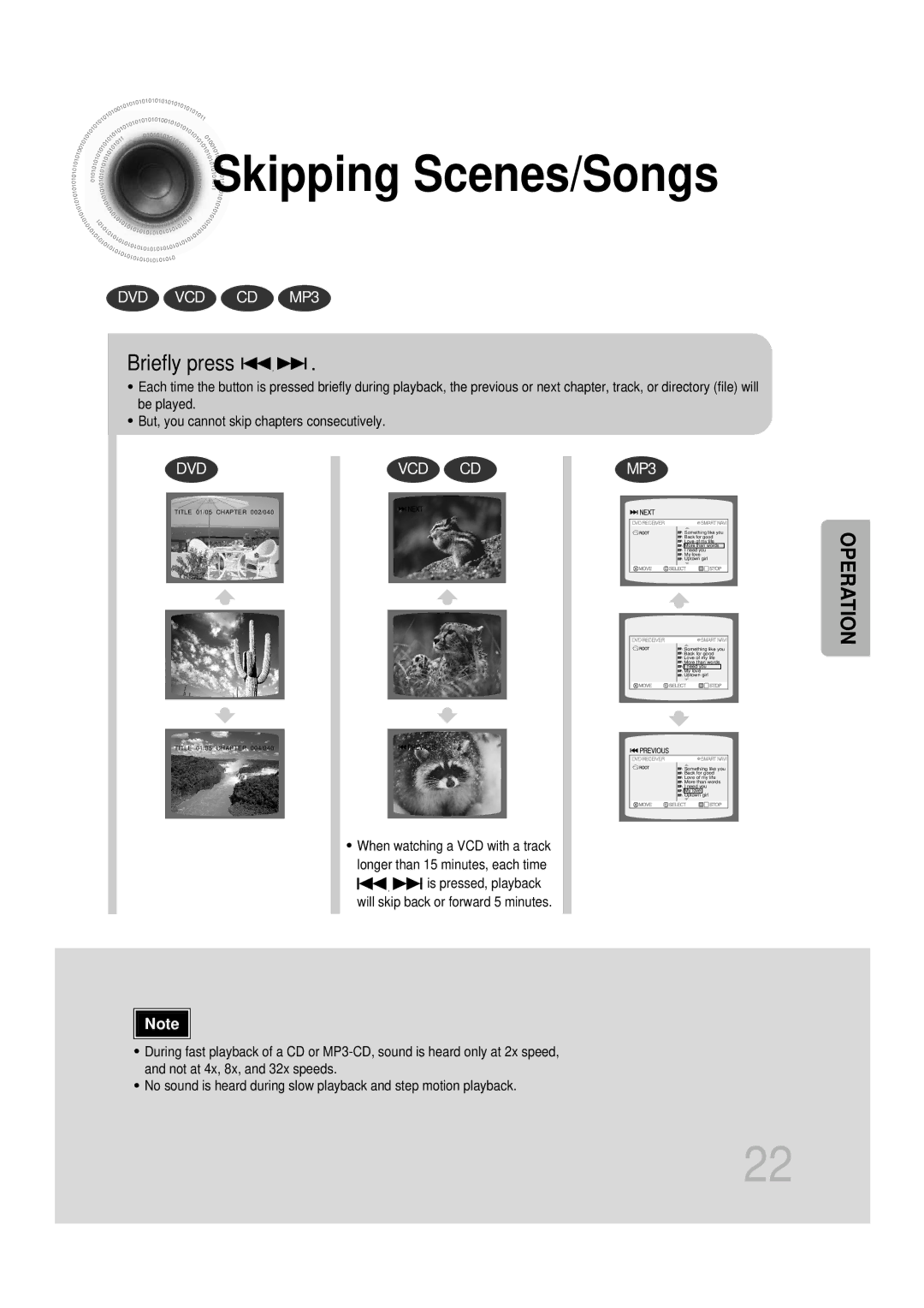 Samsung HTDB1850RH/EDC, HTDB1750RH/EDC manual Skipping Scenes/Songs, Briefly press 