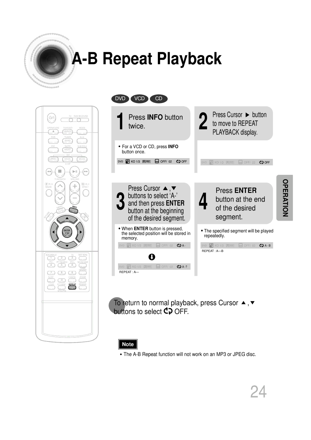 Samsung HTDB1750RH/EDC Press Info button twice, Press Enter, A-B Repeat function will not work on an MP3 or Jpeg disc 