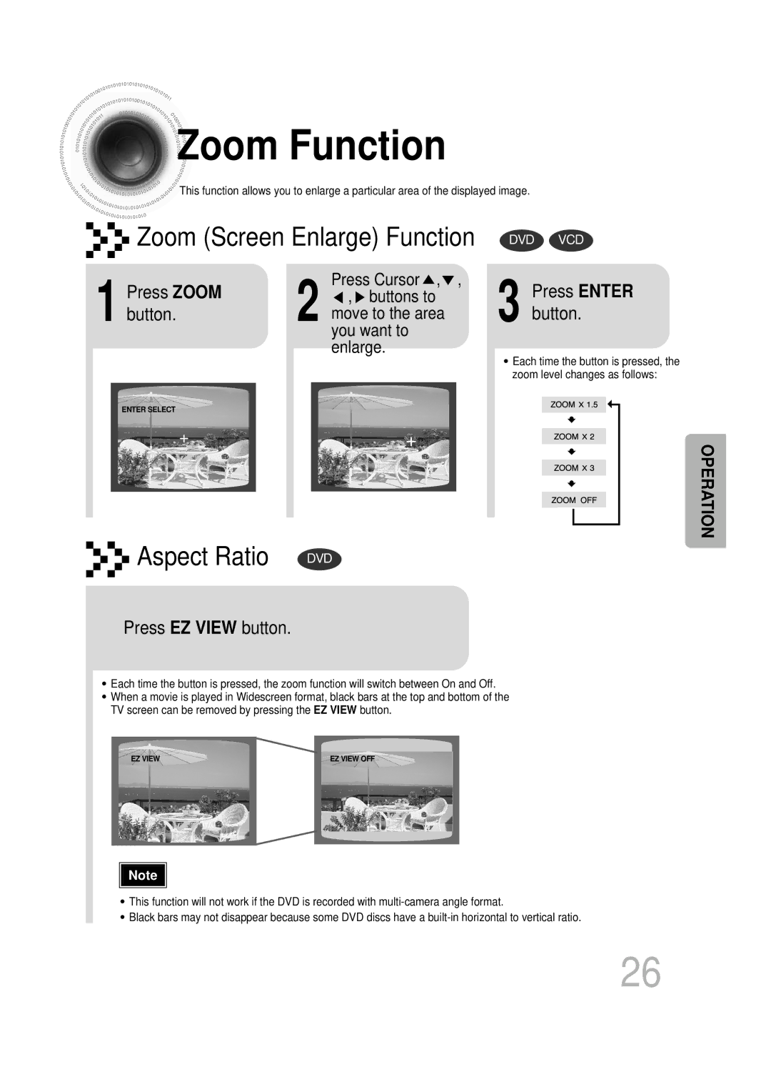 Samsung HTDB1850RH/EDC, HTDB1750RH/EDC manual Zoom Function, Press Zoom, Button, Press EZ View button 