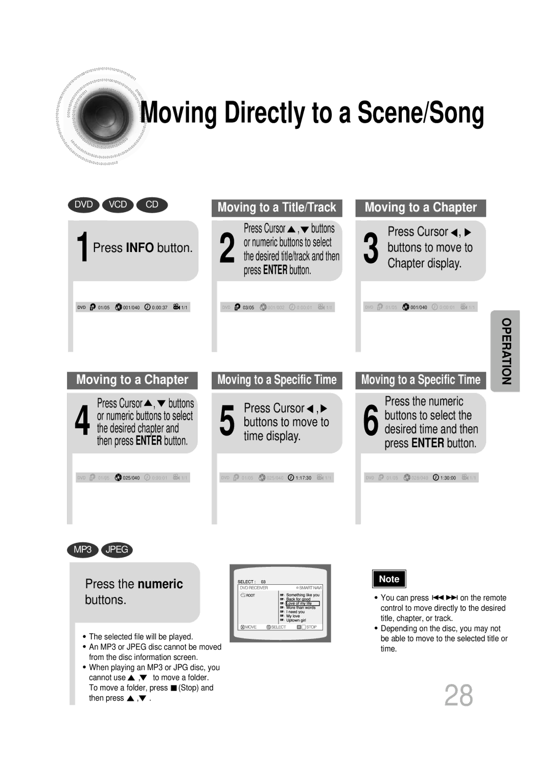 Samsung HTDB1750RH manual 1Press Info button, Press Cursor , buttons, Time display, Chapter display, Press the numeric 