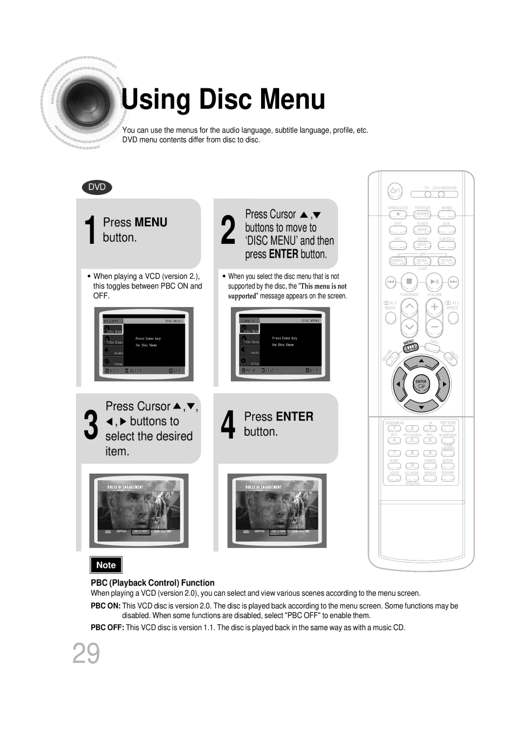 Samsung HTDB1850RH/EDC, HTDB1750RH/EDC manual Using Disc Menu, Press Cursor Buttons to Press Enter, Select the desired 