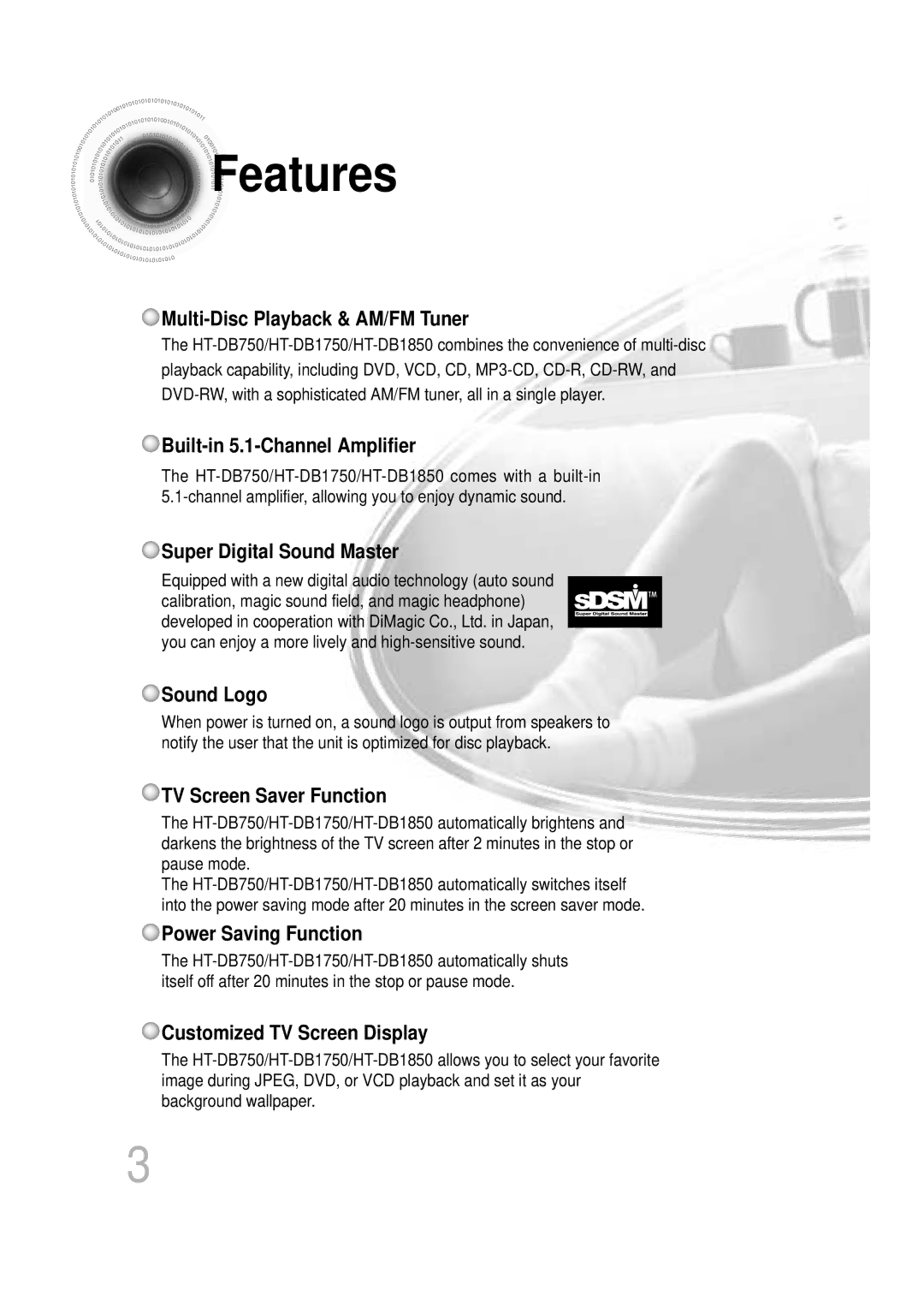 Samsung HTDB1750RH/EDC, HTDB1850RH/EDC manual Features, Multi-Disc Playback & AM/FM Tuner 