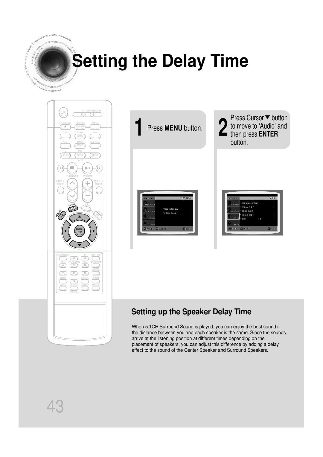 Samsung HTDB1750RH Setting the Delay Time, Press Cursor button, Press Menu button to move to ‘Audio’ and then press Enter 