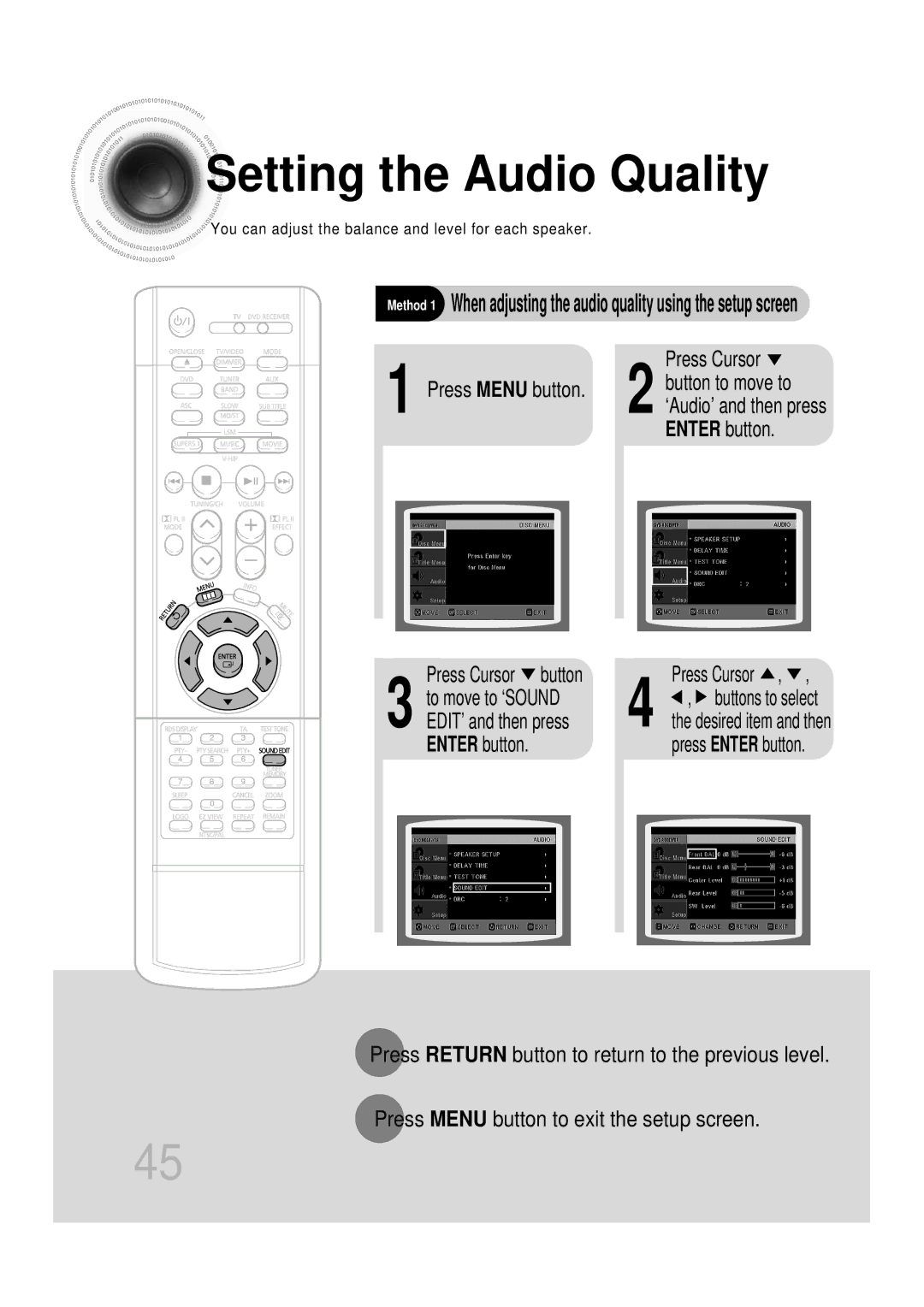 Samsung HTDB1750RH/EDC, HTDB1850RH/EDC manual Setting the Audio Quality, Enter button Press Cursor button 